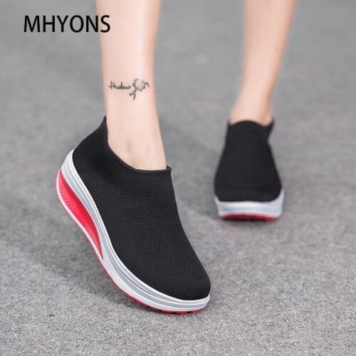 MHYONS flying woven breathable womens shoes cushion sports leisure thick-soled rocking shoes mesh wedge women loafers sneakers