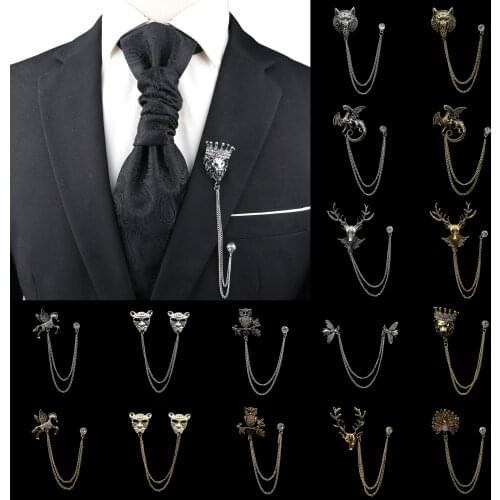 Fashion Gentleman Tassel Brooch For Men Suit Shirt Collar Chain Lapel Pin Lion Dragon Deer Retro Wedding Dinner Accessories