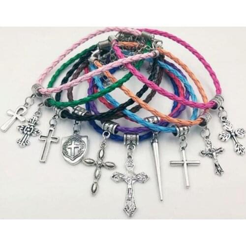 New Hot Vintage Egypt Ankh Cross Religious Cross Bracelet Charm Mixed Summer style Leather Cord Bracelet protection