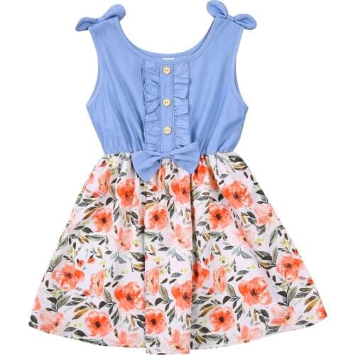 Toddler Children Girls Patchwork Dress Infant Toddler Kids Sleeveless Flower Print Round Neck Bow Knot Ruffle Dresses 2-7T