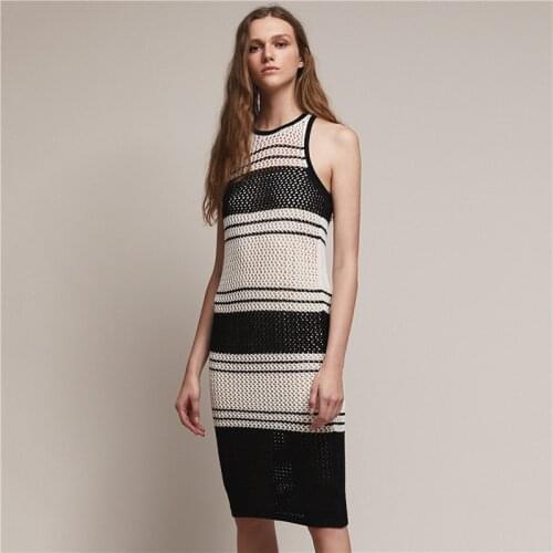Sexy Striped Bikini Cover-ups Crochet Tunic Casual O-neck Sleeveless Women Summer Midi Dress Beach Wear Swim Suit Cover Up Q1284