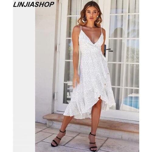 Sexy dot yellow summer dress white cotton high waist v neck backless spaghetti strap slim waist holiday midi split dress festa