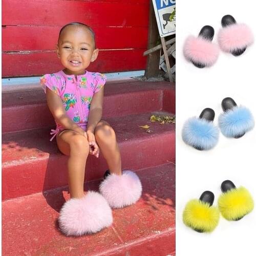 Kids Fur Slippers Fluffy Flip Flops Girls Summer Faux Fox Sandals Children Cute Plush Raccoon Fur Slides Furry Flat House Shoes