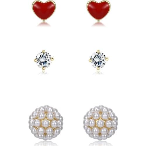 SILVERHOO 100% 925 Sterling Silver For Women Round Zircon Stud Earrings Red Heart And Ball Pearl Earrings Set Wedding Jewelry