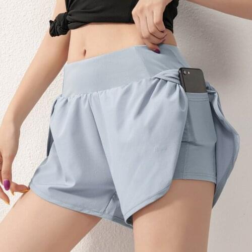 Fitness-Training 2 In 1 Split Loose High Waist Athletic Workout Breathable Double Layer Interior Pocket Sport Yoga Shorts DK-046