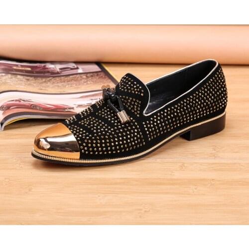 Christia Bella Big Size Male Golden Metal Pointed Toe Flats Shoes Party Genuine Leather Men Loafers Shoes Man Crystals Shoes