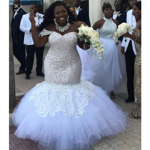 Vintage African Long Mermaid Lace Beaded Wedding Dresses Plus Size White off Shoulder Lace up Back Bridal Gowns Custom Made