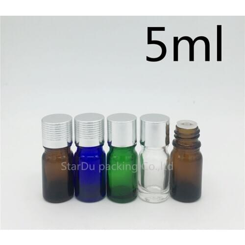 High-quality 500pcs/lot 5ML Glass Bottle Vials Essential Oil Bottle, 5cc Perfume bottles silvery Aluminum cap with plug