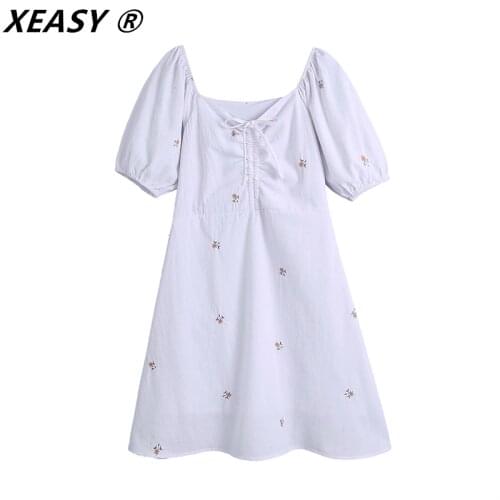 XEASY Women 2021 Fashion Sweet With Tied Floral Embroidery White Mini Dress Vintage Short Sleeve Lining Female Dresses Muje