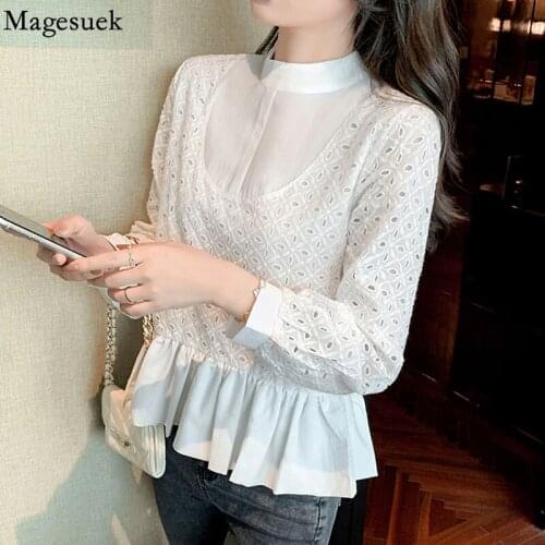 Elegant Stitching Ruffle Chifon Shirt Stand Collar Hollow White Blouse for Women Autumn Fashion Long Sleeve O-neck Tops 16845