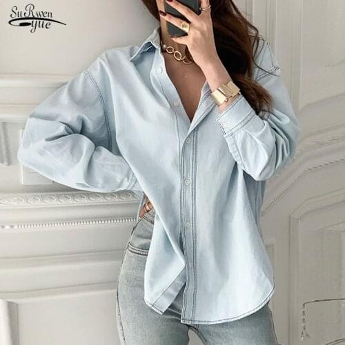 New Fashion Korea Loose Denim Blouse Women Vintage Casual Solid Color Shirts for Women Plus Size Button Female Clothing 13473