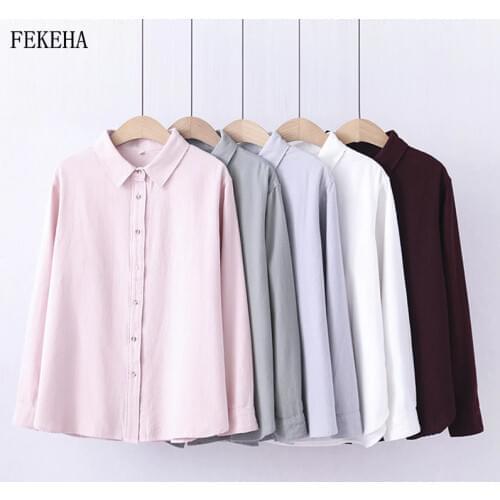 Women Shirts Flannel Tops And Blouses 100% Cotton Lady Long Sleeve Solid Color Office Work White Clothes Fashion Woman Blouses