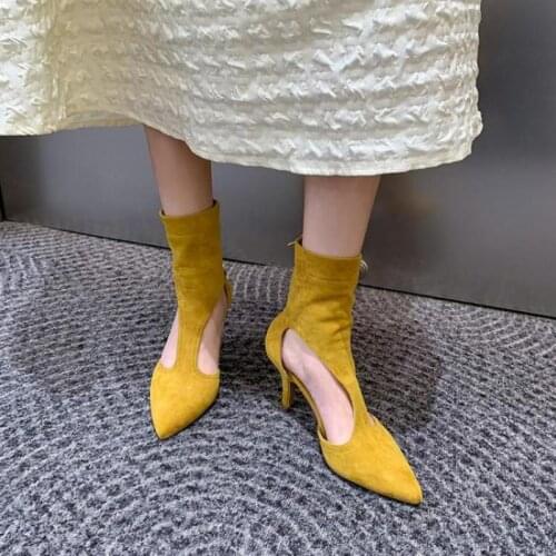 2021 French Designers High Heeled Shoes Lady Pointed Toe Thin Heels Hollow Outs Short Boots Fashion Summer Boots Botines Mujer