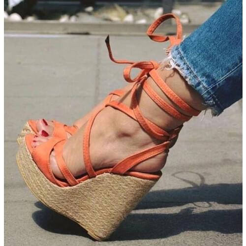 Graceful Women Wedge Sandals High End Plaited Wedges Heels Gladiator Sandals High Platform Orange Suede Cross Strap Peep Toe