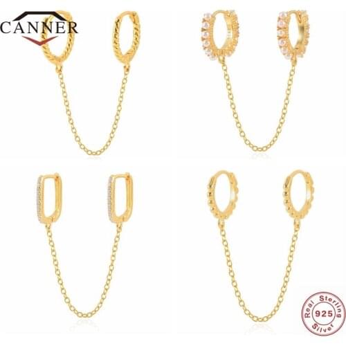 CANNER 100% 925 Sterling Silver Zircon Pearl Chain Female Double Hoops Pierced Earring Hoop Earrings for Women Jewelry Pendients
