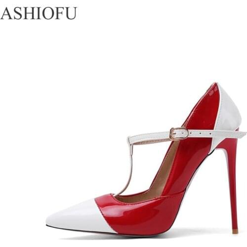 ASHIOFU New Ladies High Heel Pumps Patchwork T-strap Party Prom Dress Shoes Mary-janes Fashion Evening Court Shoes 3Colors