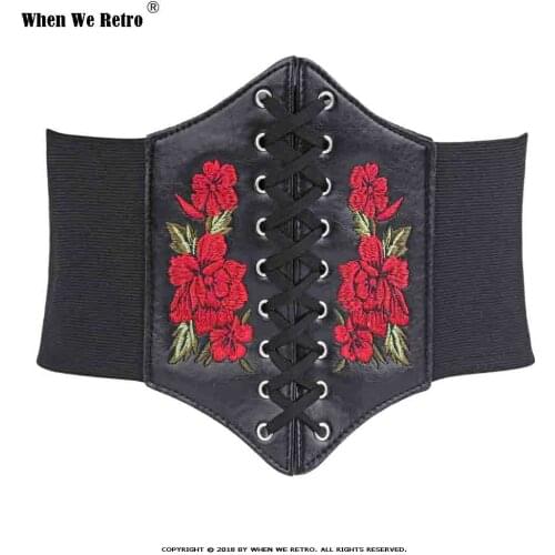 When We Retro Corsets and Bustiers Gothic Embroidery Floral Flower Lace-up Underbust Corset Elastic Cinch Waist BeltBlack VB0009