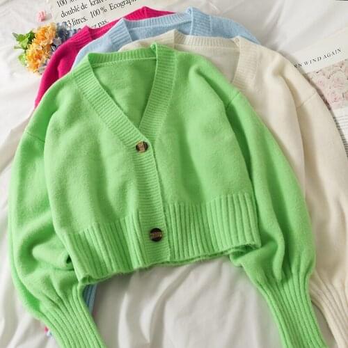 Spirng Autumn Single Breasted Crop Sweater Women Long Sleeve Slim V Neck Button Cardigan Korean Elegant Knitted Casual Coats