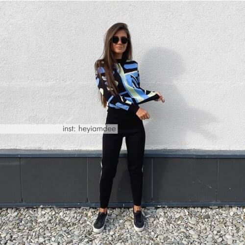 2020 Autumn New European Cool Camouflage Pattern Knitted Pullover + Leggings Fashion Suit 2piece Set Women Sweatsuits