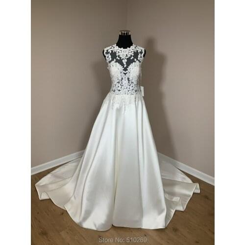 Cornaboutik A Line Wedding Dress Satin Bridal Gown Sheer Neckline Floral Appliques Beaded Custom Vestido De Noiva