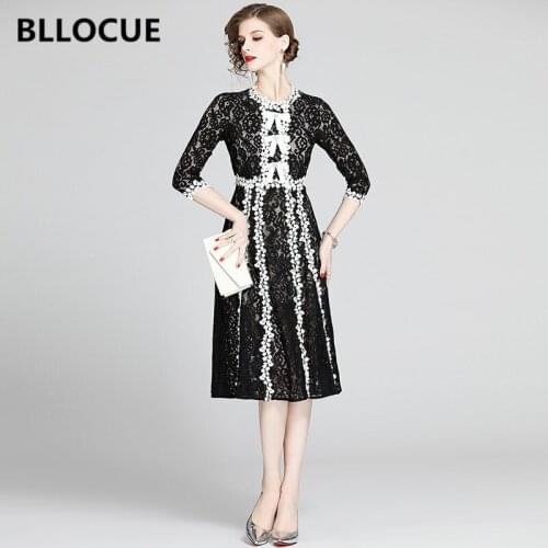 BLLOCUE 2020 High Quality Luxury Runway Lace Dress Spring Autumn Women 3/4 Sleeve Elegant Bow Patchwork Fashion Dress