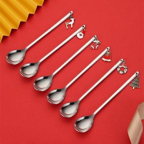 6pcs 5.3'' 13.5cm Creative Christmas Coffee Spoon Long Handle Gold Teaspoon Xmas Cutlery Party Gift Stainless Steel Dinnerware