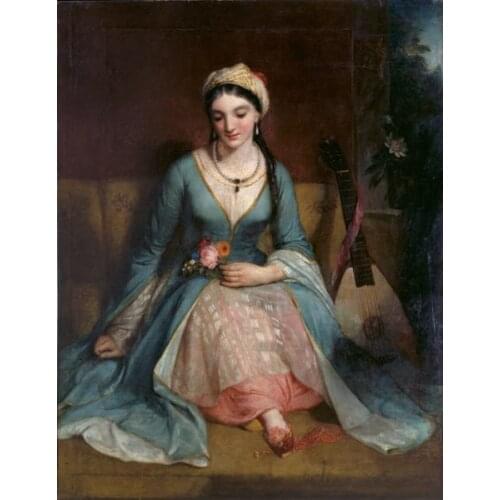 Free shipping court figure girl flower dame lute instruments oil painting canvas printings on canvas wall art decoration picture