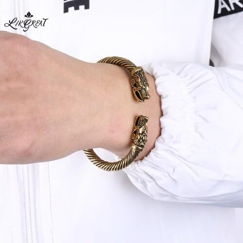 LIKGREAT Wristband Cuff Bracelets for Men Women Vintage Viking Dragon Head Metal Engraved Bangles Antique Silver Color Bijoux