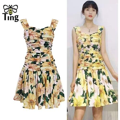 Tingfly Desinger Flower Printing Sexy Bodycon Mini Short Dress Women Casual Slim Ruffles Ruched Robes Party Night Dresses Zanzea
