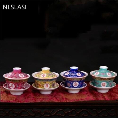 NLSLASI Jingdezhen Porcelain Gaiwan Exquisite Pastel Tea Bowl with Saucer Lid Kit Master Cup Teaware Drinkware 150ml