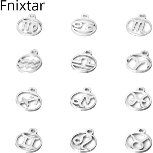 Fnixtar 10.8*13.4mm Stainless Steel Twelve Zodiac Metal Charms DIY Constellation For Women Jewelry Making Mini Charms 12pcs/lot