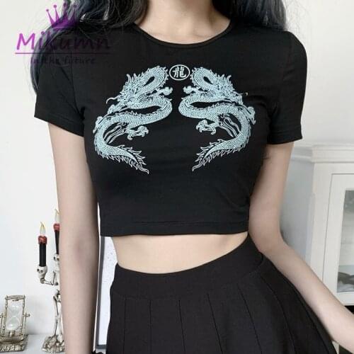 Harajuku T-shirts Streetwear Women Vintage Dragon Print Gothic T shirts Casual Female Summer Tee Shirts