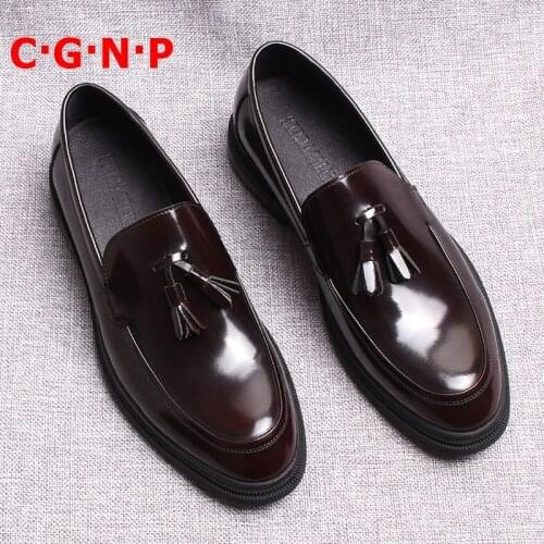 C·G·N·P Korea Style Patent Leather Loafers Luxury Thick Soles Tassel Men Casual Shoes Handmade Slip On Dress Shoes