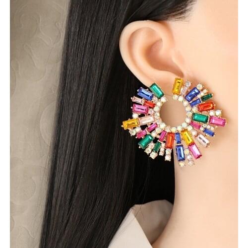 Minar INS Fashion Rainbow Crystal Rhinestone Earrings for Women Chic Colorful Circle Geometrical Drop Dangle Earrings Brincos