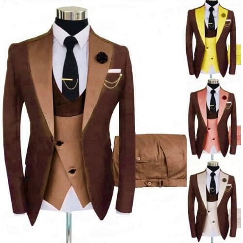 Mens splicing color business suit 3-piece custom-made slim fit groom wedding suit evening dress tuxedo suit jacket vest with pa