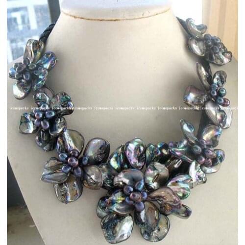 Wholesale wonderful black freshwater pearl 40-60 mm sea shell flower 18.5" necklace