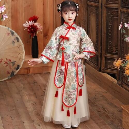 Autumn And Winter Girls Ancient Hanfu Thickened Chinese Style Tang Costume Wedding Flower Childrens Dress New Year Clothing
