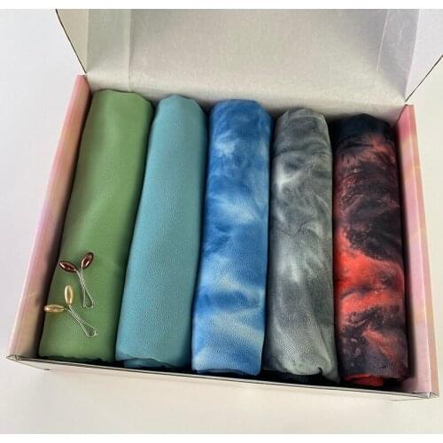 Customize Gift Box Women Tie-Dye Printed Hijab Bubble Chiffon Scarf Shawl Gradient Color Headband Muslim Wrap Female Foulard