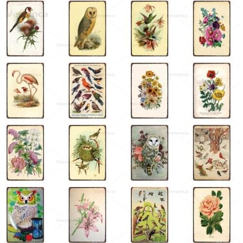 Retro Pastoral Garden Flowers Animal Birds Metal Sign Plaque Indoor Bar Home Farm Wall Decor Art Decorative Iron Painting