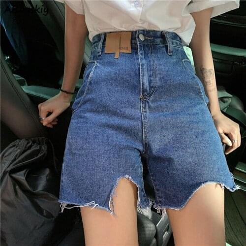 Ripped Shorts Women Denim Frayed Irregular Wide Leg Solid Streetwear Casual High Waist Vintage Korean Style Trendy Female Ins