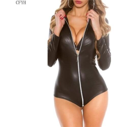 Sexy New Sexy PU Leather Bodysuit for Women Glossy Moto Style Nightwear Club Dance Fashion Wear Lenceria Femme