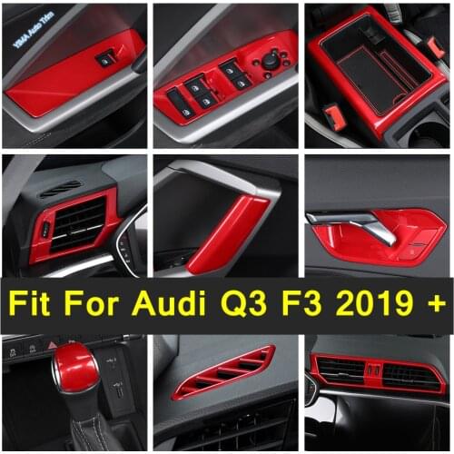 Glass Rise Lift Down Control / Armrest Box / Door Handle Handrail Cover Trim For Audi Q3 F3 2019 - 2021 Red Accessories Interior