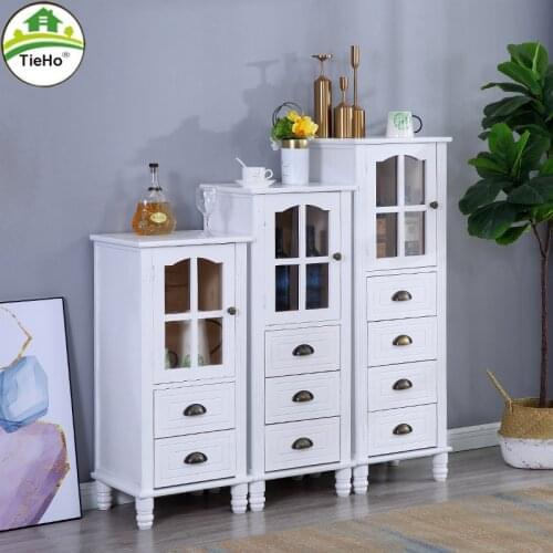 TieHo Solid Wooden 2 Drawer Wine Cabinet with Acrylic Glass Window Living Room TV Side Cabinet Kitchen Furniture