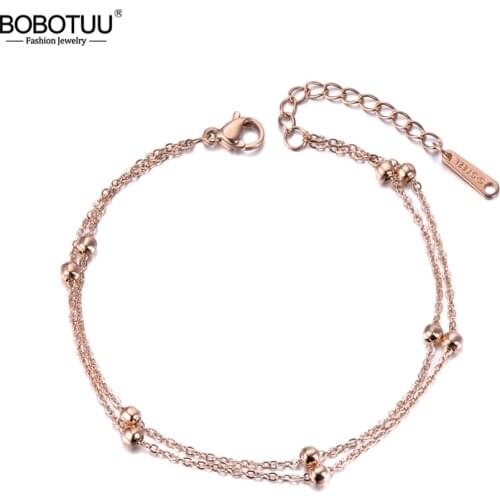 BOBOTUU Trendy Double Layers Round Beads Charm Bracelet Jewelry Rose Gold Titanium Steel Chain & Link Womens Bracelet BB19051