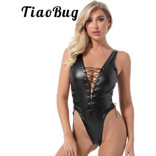 Womens Shiny Metallic Bodysuit Faux Leather High Cut Hollow Out Slim Romper Lace-up Plunging Neckline Sleeveless Skinny Jumpsuit