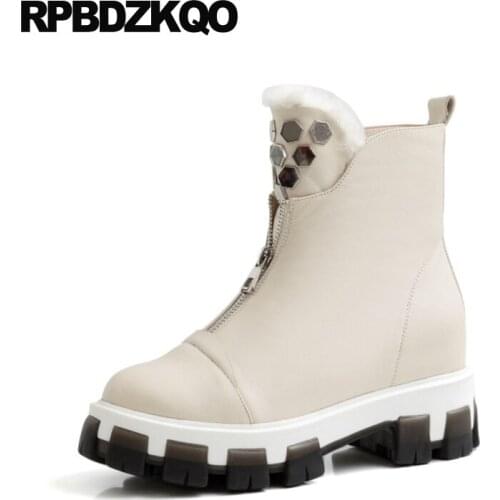 10 Big Size 2021 Metal Beige 4 Shoes Harajuku Front Zipper Plush Muffin Ankle Brand Women Winter Boots Genuine Leather Chunky
