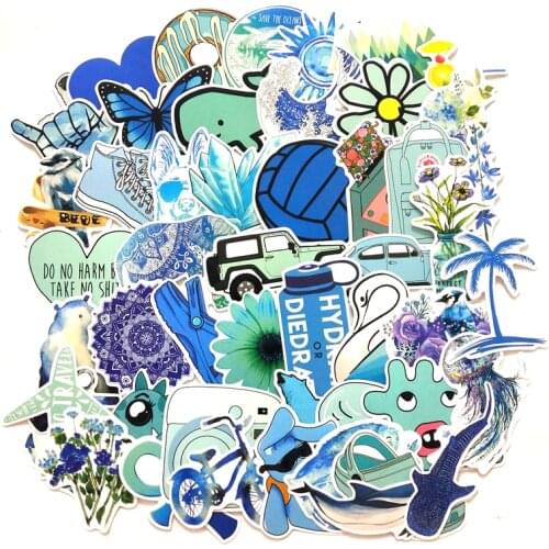 TD ZW 50PCS Mix Blue Fresh Sticker Pack Waterproof Children Kids Stickers Laptop Sticker Bottle Suitcase Luggage DIY Sticker