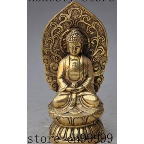 6"tibet Handwork Carved buddhism temple brass lotus sakyamuni Tathagata Amitabha buddha statue metal handicraft