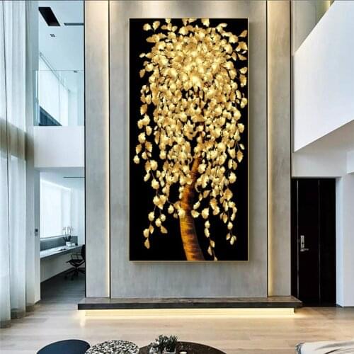 Abstract Golden Leaves and Money Tree Oil Painting on Canvas Posters and Prints Wall Art Pictures for Living Room Cuadros Decor
