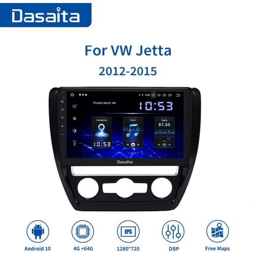 Dasaita Android 10.0 Car 1 Din Radio for VW Jetta 2011 2012 2013 2014 2015 GPS 64GB ROM 10.2" Multi Touch Screen